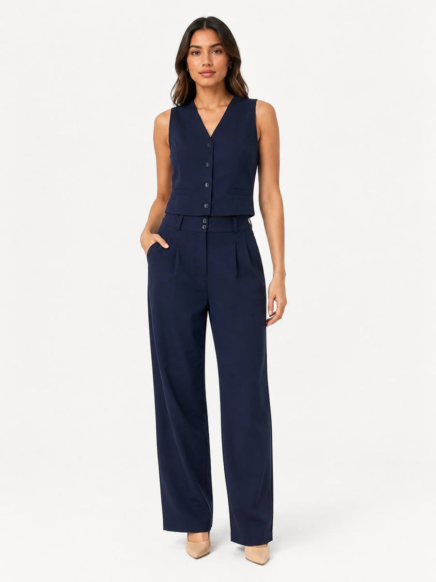 High Rise Wide Leg Formal Navy Blue Pants