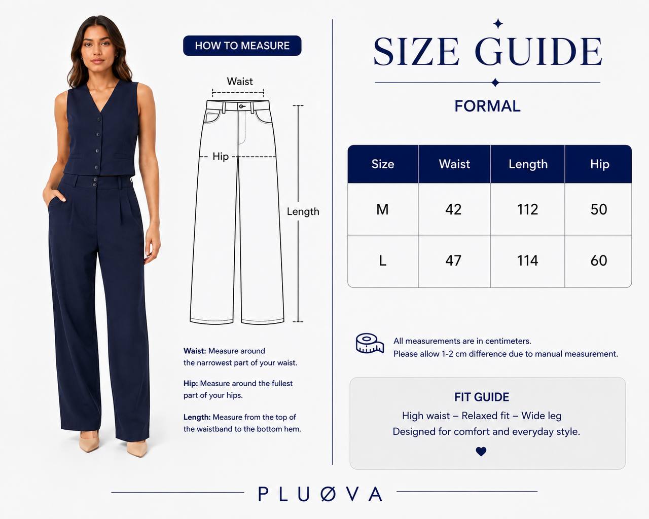 VELORA WIDE PANTS – NAVY size chart