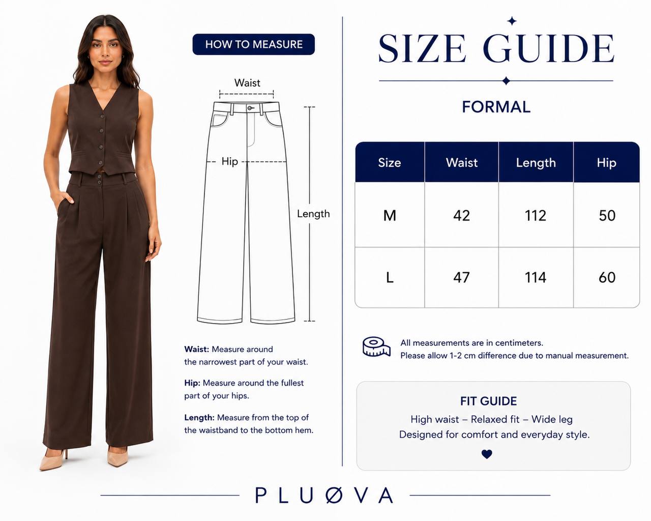 VELORA WIDE PANTS – BROWN size chart
